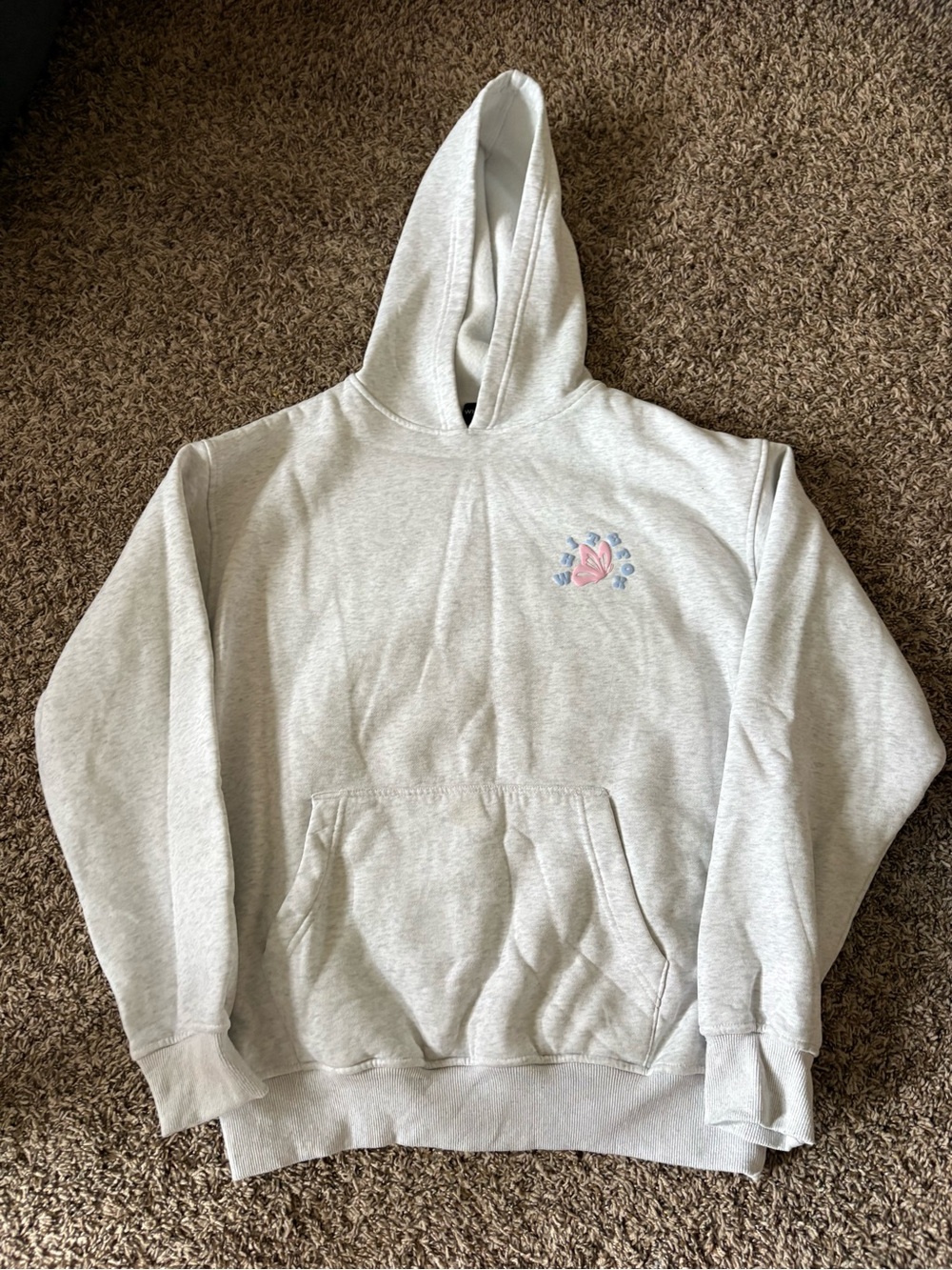 White Fox Boutique Light Gray Hoodie with Pink Butterfly Accent